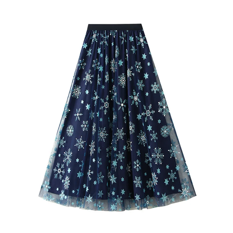 New In 2025 Women's Spring Summer Snowflake Embroidery Mesh A-line Elegant Sweet High Waist Midi Long Skirt