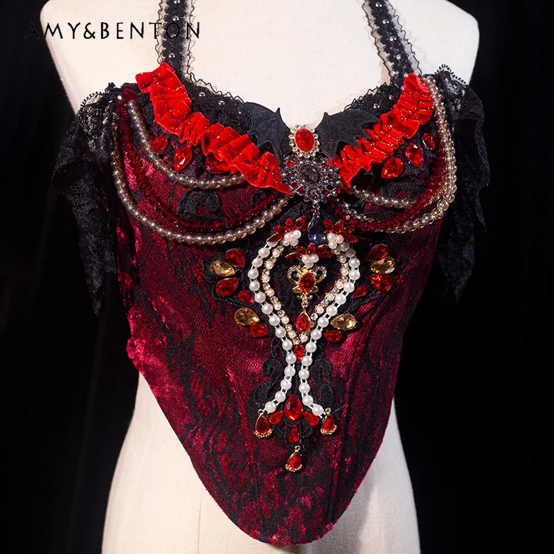 

Original Heavy Gothic Dark Halloween Ribbed Women's Corset Punk New Sweet Cool Sexy Lace Splicing Velvet Long Skirt Set Ladies