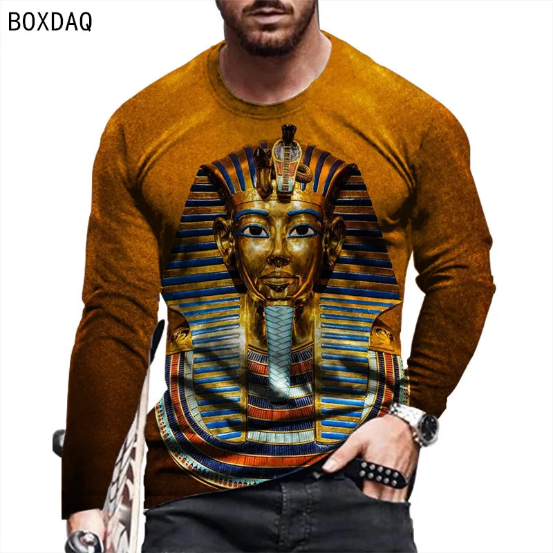 Egyptian Queen Pyramid Print Summer Men's Round Neck T-shirt Casual Long Sleeve Oversized T Shirt Fashion Pullover Men Clothing