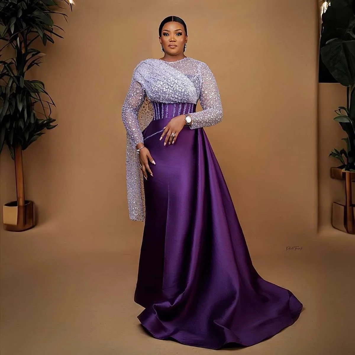 Elegant Purple Nigerian Formal Evening Dresses with Side Train Sparkly Sequins Lace African Wedding Party Dress Asoebi Prom Gown