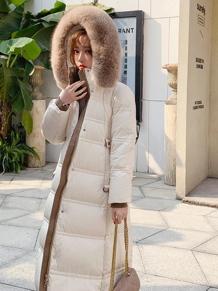 Warm Hooded Cotton Jacket Coat For Women's Fashion 2023 Winter New Korean Slimming Mid Length Quilted Jacket White Duck Down