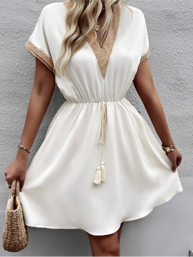 

Summer Mini Dress Solid Color V Neck Crochet Trim Drawstring Waist Short Sleeve Casual Elegant Robe Bohemian Commuter Vestidos