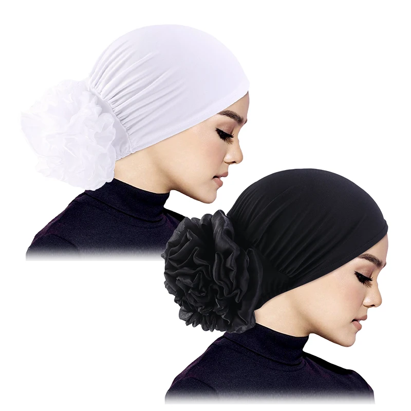 2PCS Women\'s Hijabs Big Flower Turban Hair Accessories Elastic Cloth Hair Bands Hat Beanie Ladies Muslim Hair Loss Scarf Cap