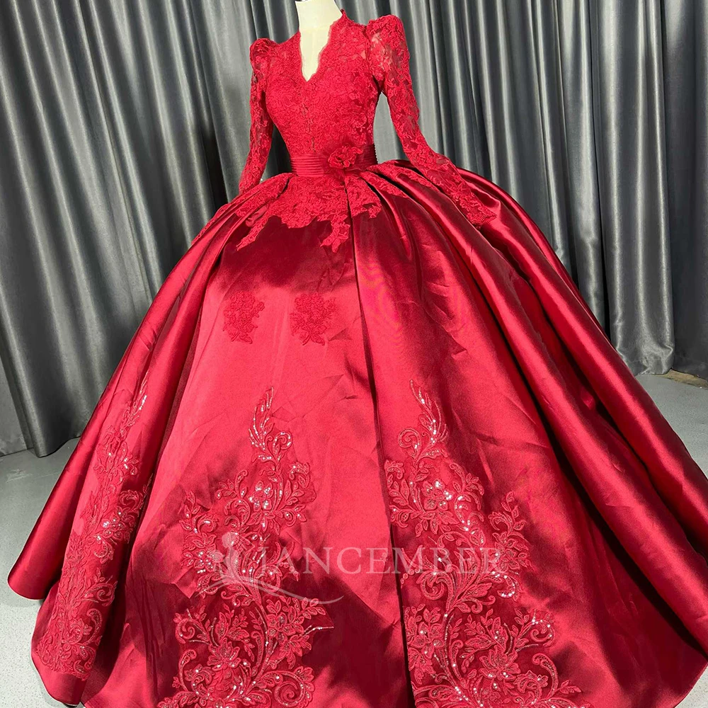 Customized Elegant Ball Gown Princess Wedding Dresses V-neck Long Sleeves Satin Made Bridal Gown Train فساتين حفلات