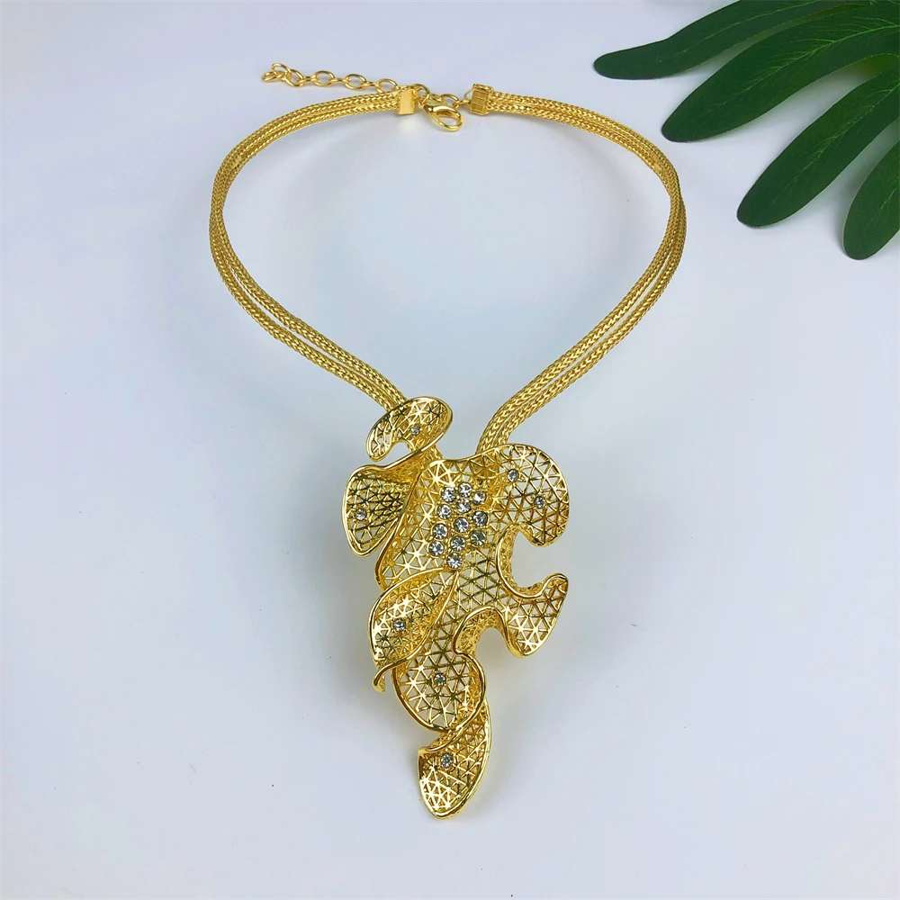 ESALE Dubai 18K Gold Plated Jewelry Set For Women Classic Design Plant Leaf Necklace Earrings Bracelet And Ring 4PCS Set