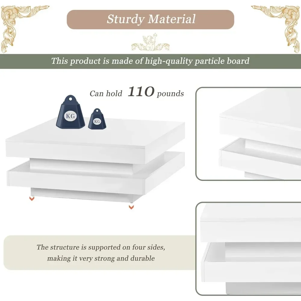 リビングルーム用の光沢のあるコーヒーテーブル,7色のプラグインLEDライトを備えた正方形のセンターテーブル,2レベルのコーヒーテーブル