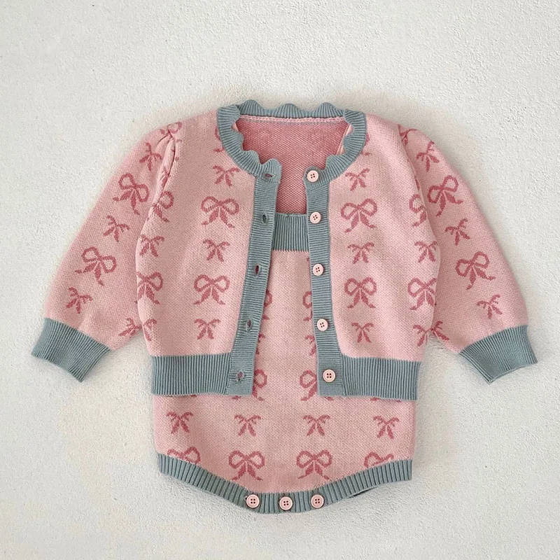 2024 New Autumn Toddler Baby Girl Knitting Clothes Suit Long Sleeved Knitted Cardigan+Jumpsuit Newborn Baby Girls Clothing Set