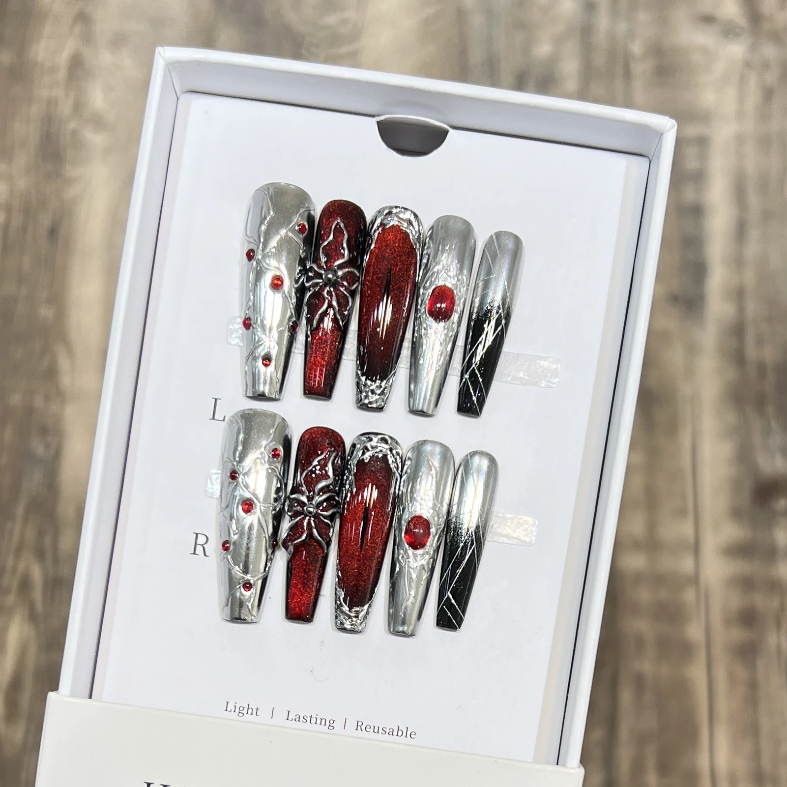 

10pcs Retro Glass Beads Cat's Eye False Nails Silver Mirror Gothic Style Press On Nails 3D Flower Decor Handmade Fake Nail