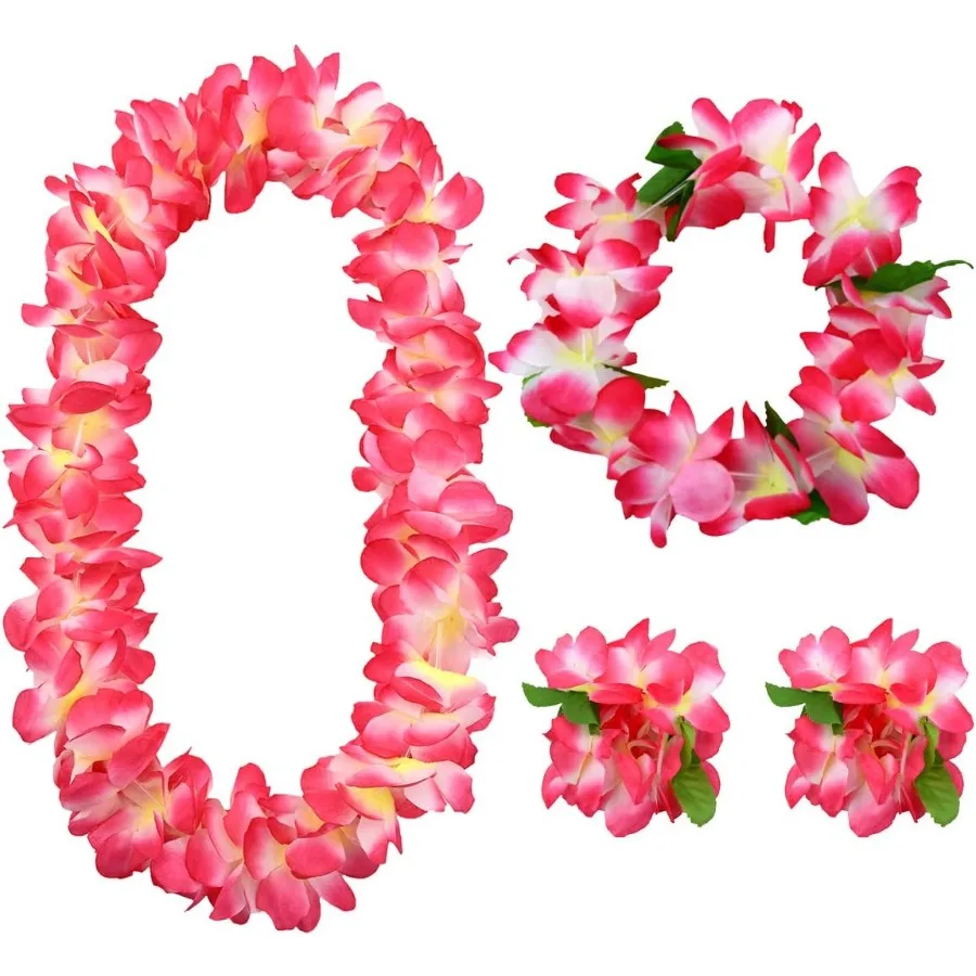 

Гавайский комплект из 4 предметов, очень пышное шелковое ожерелье с цветком 80 плотности, повязка на голову и 2 браслета, мягкая тропическая вечеринка Луау