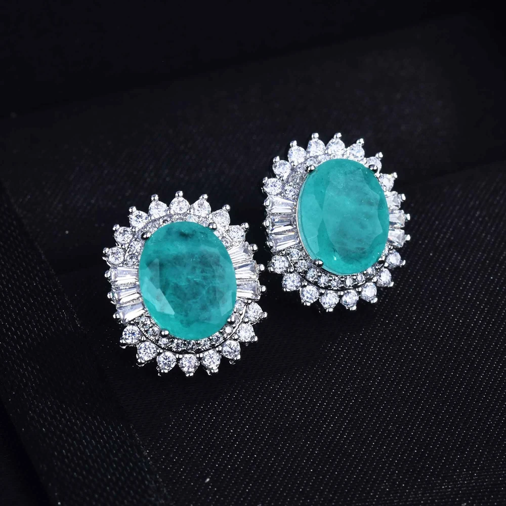 925 Silver Needle Oval Shape Paraiba Tourmaline Gemstone Stud Earrings For Women Wedding Statement Jewelry Anniversary Gift