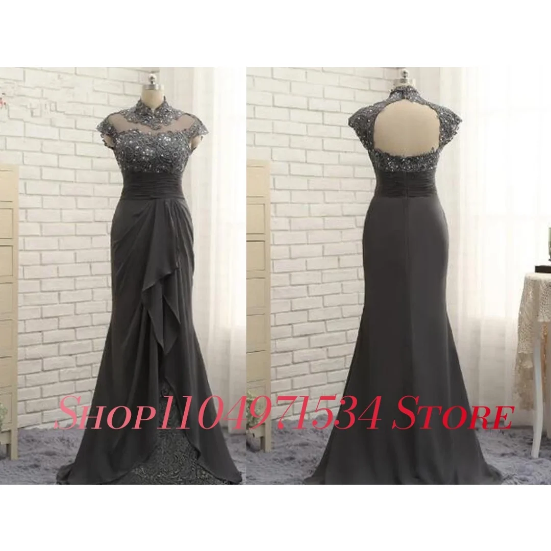 Personalizado delicado jérsei sereia rendas pérolas vestido de noite alta qualidade mangas curtas gola alta vestidos ocasião especial