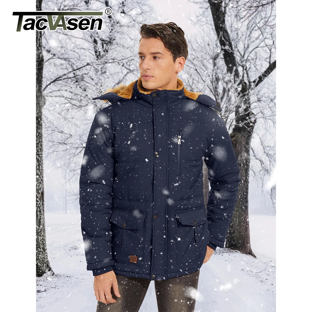 TACVASEN Men\'s Fleece Lined Parkas Jacket Thick Thermal Waterproof Outdoors Snow Working Camping Hooded Coats Zip Up Windproof