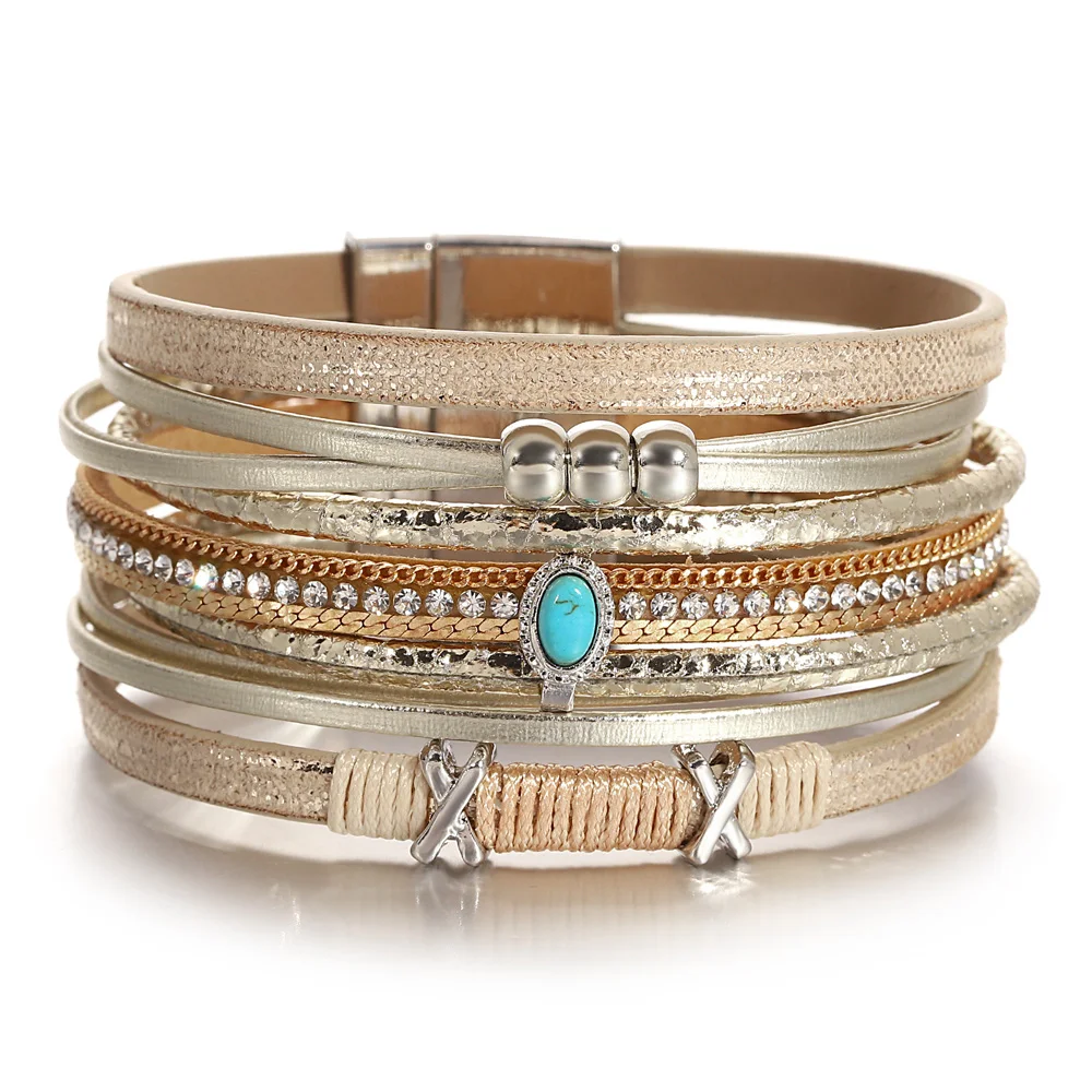 ALLYES Mode Perlen Kreuz Leder Armband für Frauen Männer Chunky Strass Kette Multilayer Wrap Breite Armbänder Partei Schmuck