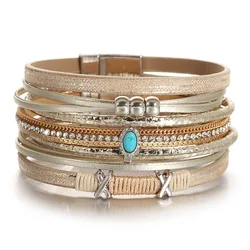 ALLYES Fashion Beads Cross Leather Bracelet for Women Men Chunky Rhinestone Chain Multilayer Wrap Wide Bracelets Party Jewelry