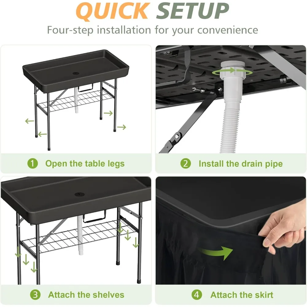 طاولة تبريد ثلج محمولة قابلة للطي مع تنورة مطابقة وصرف للحفلات الخارجية والتخييم وصيد الأسماك والتنظيف