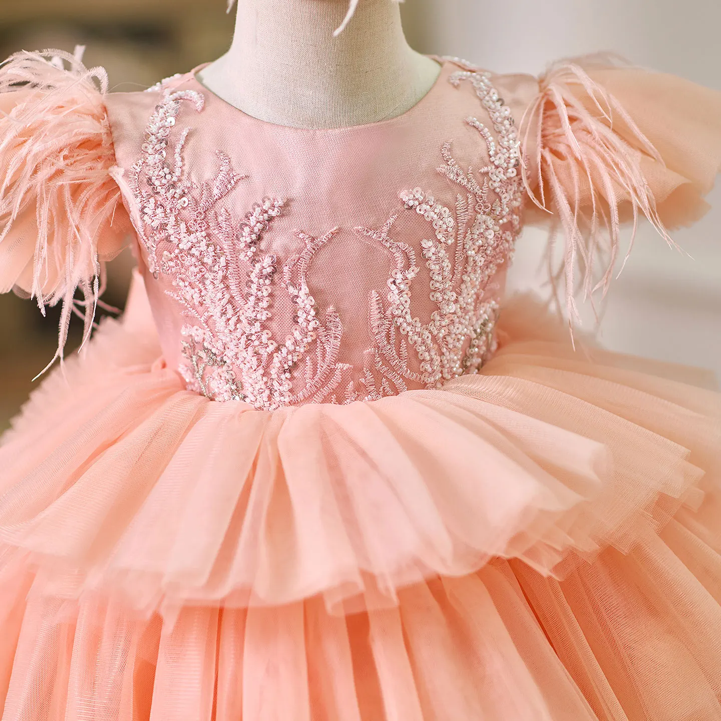 Jill Wish Peach Baby Puffy Sleeve Beading Adorable Girl Dress with Bow Knee Length Princess Wedding Birthday Party Gown J045