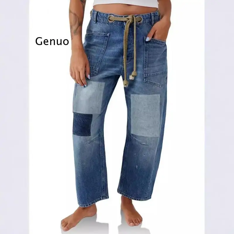 

Jeans Women Denim Pants Straight Trousers Drawstring Long Pant Casual Loose Y2K Streetwear Button Pocket Splice Mom Jeans 2025