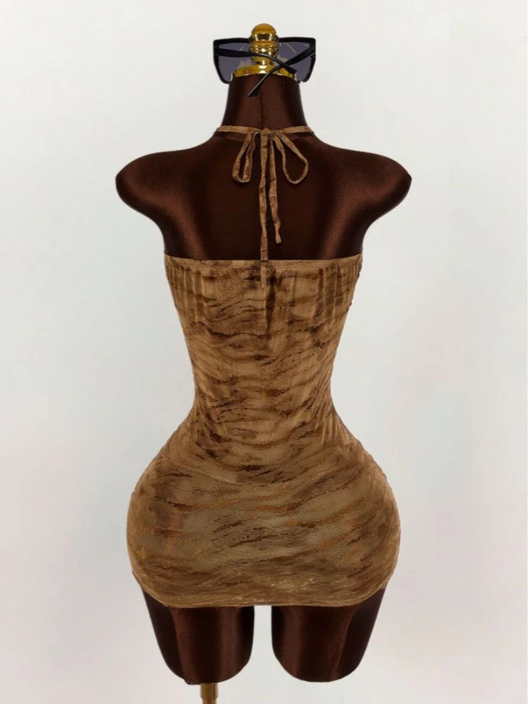 Bodycon mini-jurk met halterhals voor dames - Tijgerprint Ruches Mesh Stof Clubwear Zomerfeestjurk (bruin)