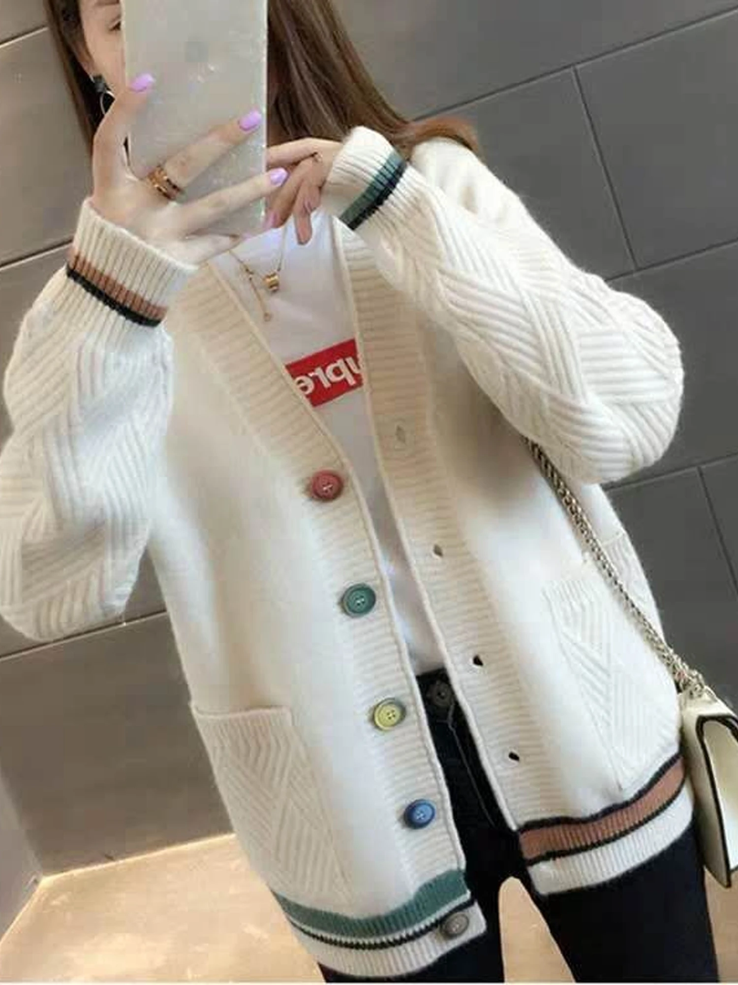 Women's Knitted Cardigan Short Sleeveless Outerwear Spring Autumn 2026 New Style Loose Fit Color Block Fashionable Long Sleev...