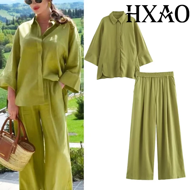 HXAO Hosen-Sets für Damen, 2-teiliges Hosen-Set für Damen, 2024, Sommer, elegant, lässig, kurzärmelig, Baggy-Hose, Damen-Outfit