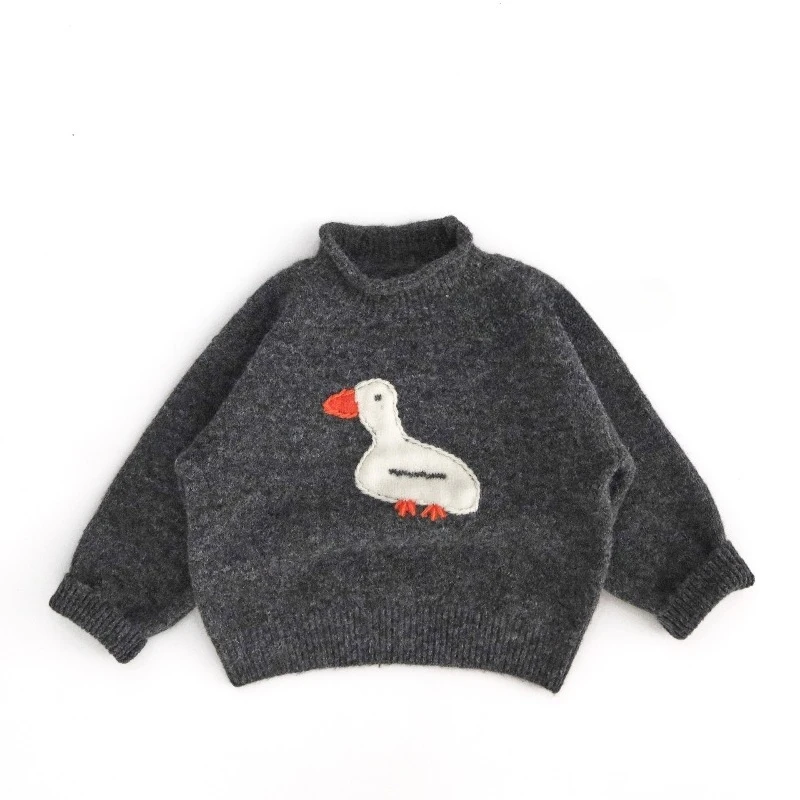 Autumn/Winter Childrens Turtleneck Sweater Korean Duck Emboridery Boys Girls Baby Trendy Knitwear Coat Kid's Clothes Knit Tops