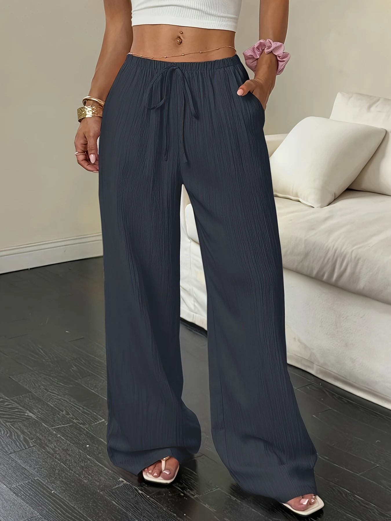 2026 Autumn Cross border New Women's Casual Solid Color Texture Fabric Knot Waist Diagonal Pocket Wide Leg Pants