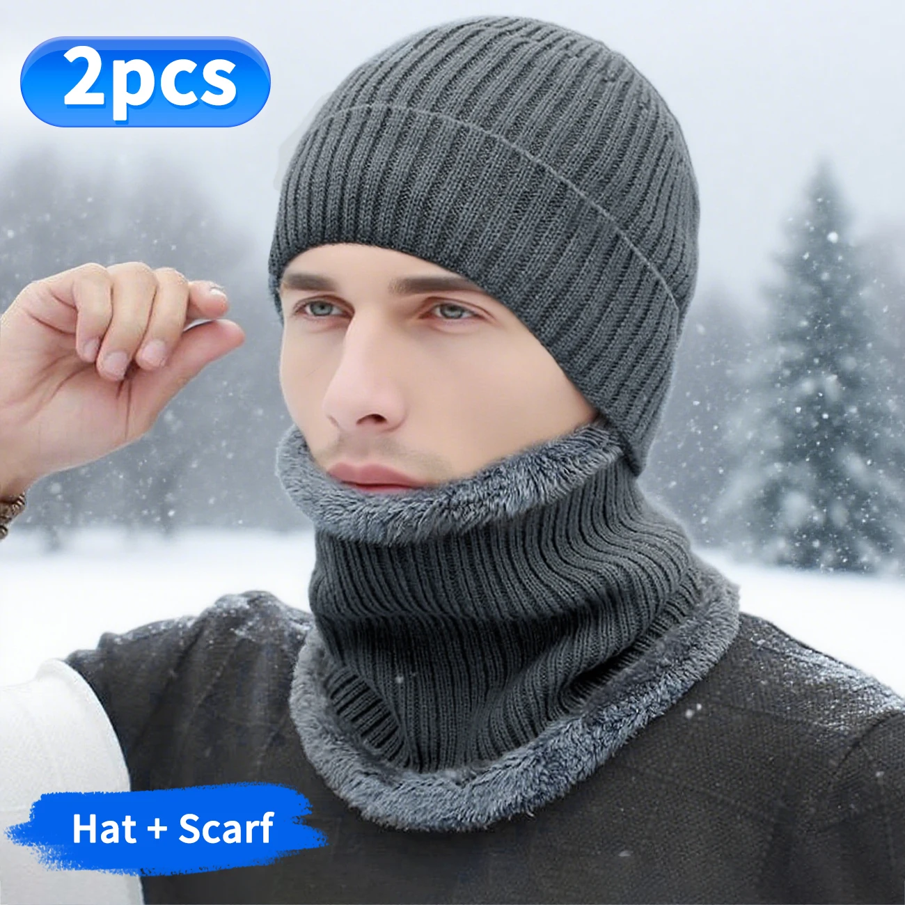 2 шт./компл., мужская теплая шапка-бини, шарф, комплект, мягкая толстая вязаная шапка на флисовой подкладке, теплая зимняя шапка, утепленная шапка с черепом
