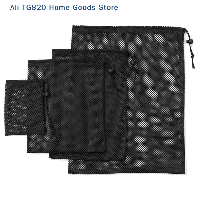 [TG820]Black White Durable Mesh Drawstring Bag Storage Pouch Multi Purpose Home Travel Outdoor Activity Laundry Bag Stuff Sack