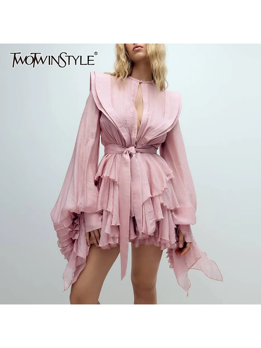 TWOTWINSTYLE Solid Spliced Lace Up Slimming Dresses For Women O Neck Long Sleeve High Waist Temperament Dress Female Fashion New