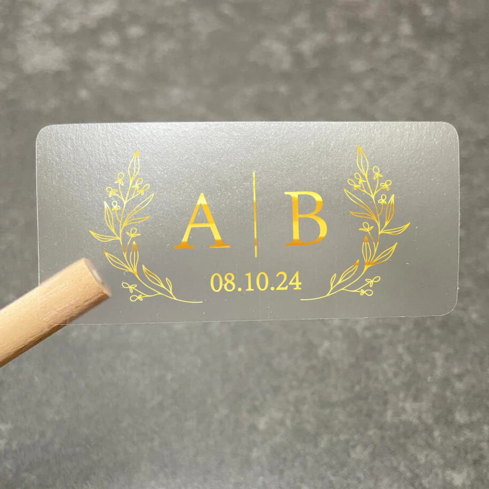 Custom Rectangular Wedding Stickers, Transparent Wedding Sticker, Personalized Wedding Stickers with Gold Foil Text and Date