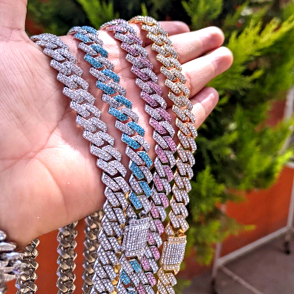 Hip Hop Bling Cuban Link Chain Necklace for Women and Men Pink and Blue Rhinestone Iced Out Punk Jewelry Gift 14mm Drop shipping
