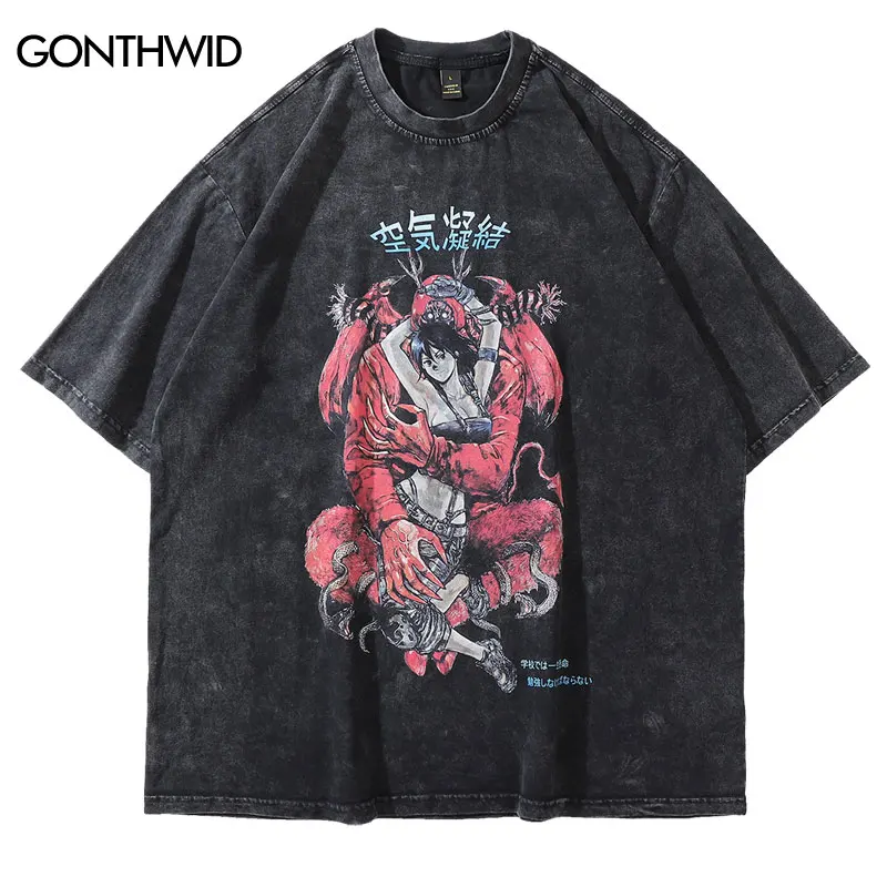 Distressed Oversize Tshirt Streetwear Vintage Japanese Style Anime Cartoon Print Short Sleeve T-Shirts Hip Hop Casual Cotton Top