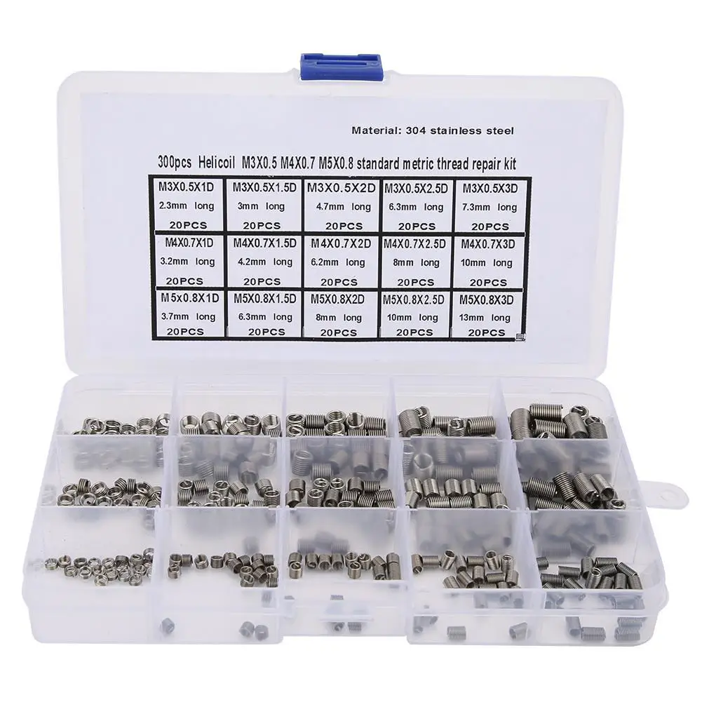 300Pcs Stainless Steel Threaded Insert Kit M3 M4 M5 Assorted Sizes for hardware Repair Tools