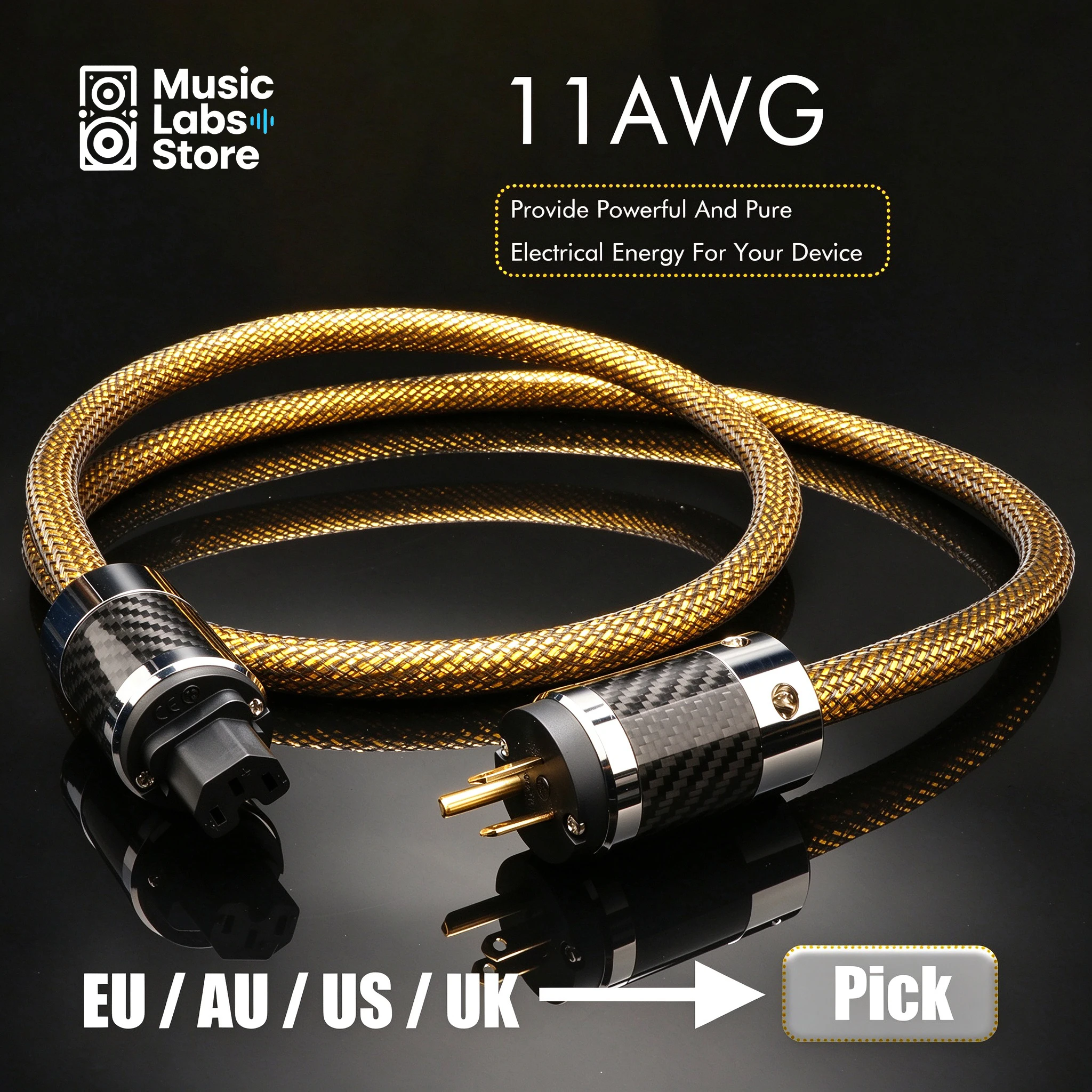 Audiophile Power Cable Gold OCC Silver Plated Power Cord 11AWG for Amplifier IEC 320 C15 Audio EU/US/AU Version Power Wire