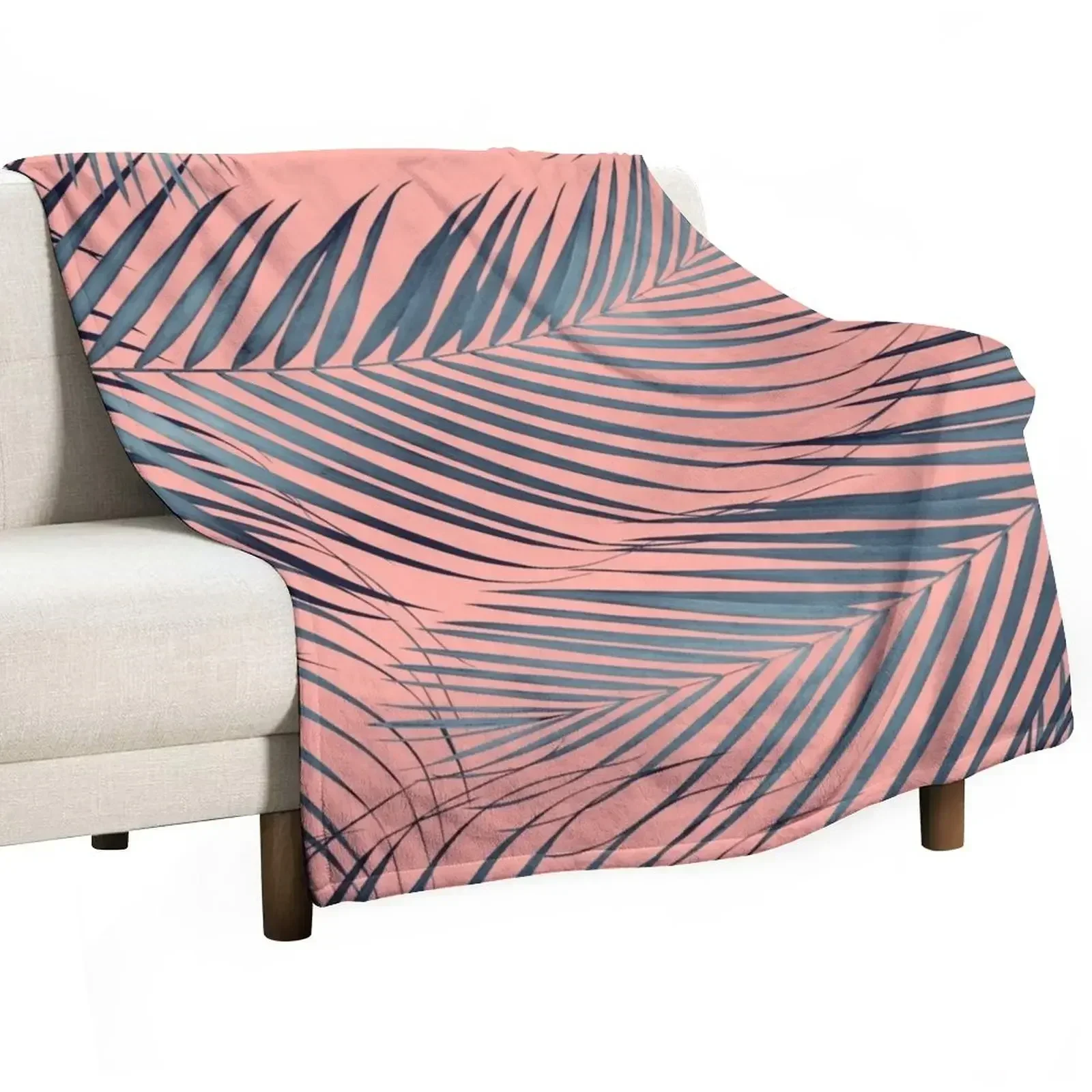 

New Blue Palm Leaves on Coral Pink #1 #tropical #decor #art Throw Blanket decorative Custom Beach Blankets