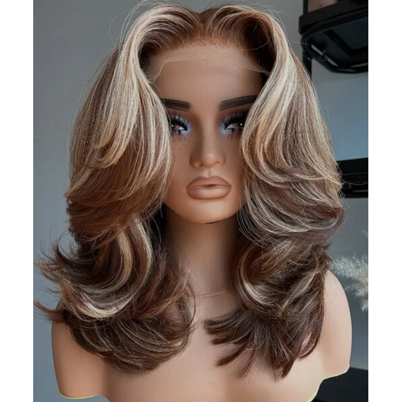 Curly Wave Light Brown Highlight 100% Brazilian  Hair Wigs Big Lace Front Wig