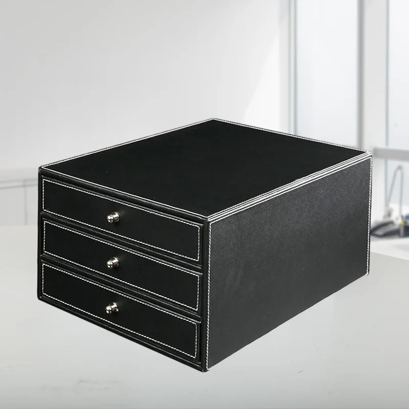 Business Office Documents Three-Layer Leather Storage Cabinet A4 Paper Chest Of Drawers High-End Office Creative File Cabinet