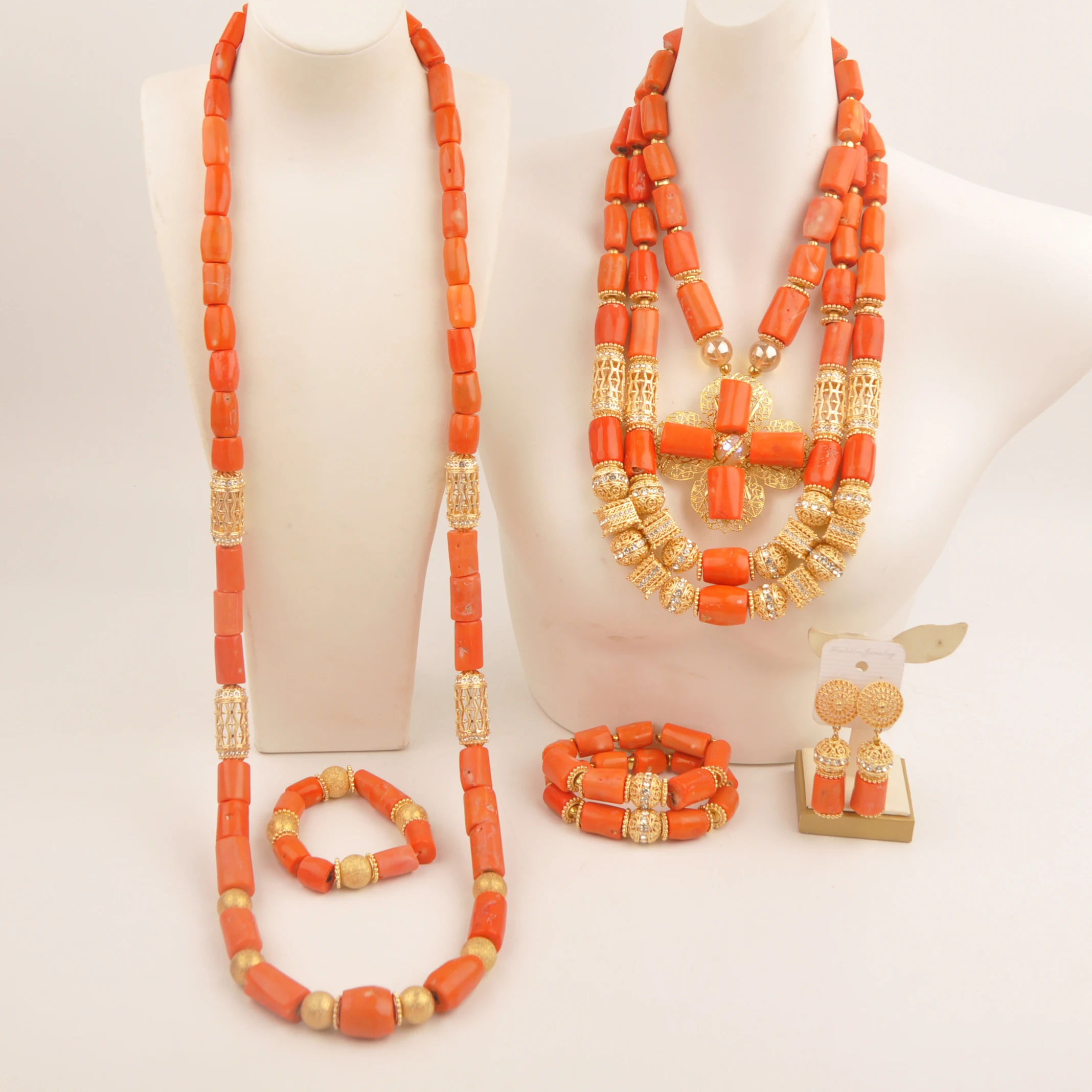 Natural orange coral beads set jewelry for couple