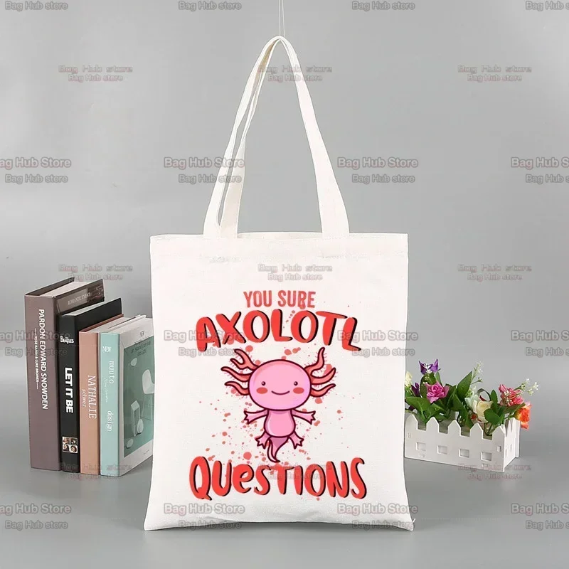 Cute Axolotl Loves Kawaii Cartoon Lizard Shopping Bag Recycle Bag Reusable Bag Tote Foldable Shopping Sac Toile