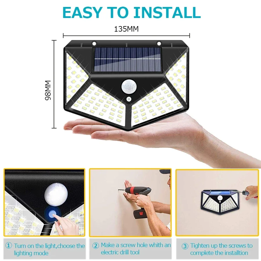 ضوء الشمس في الهواء الطلق 100 وحدة إضاءة LED جداريّة أضواء 4 الجانبين مضيئة PIR محس حركة ضوء الشمس بالطاقة ضوء الشارع حديقة فناء ديكور