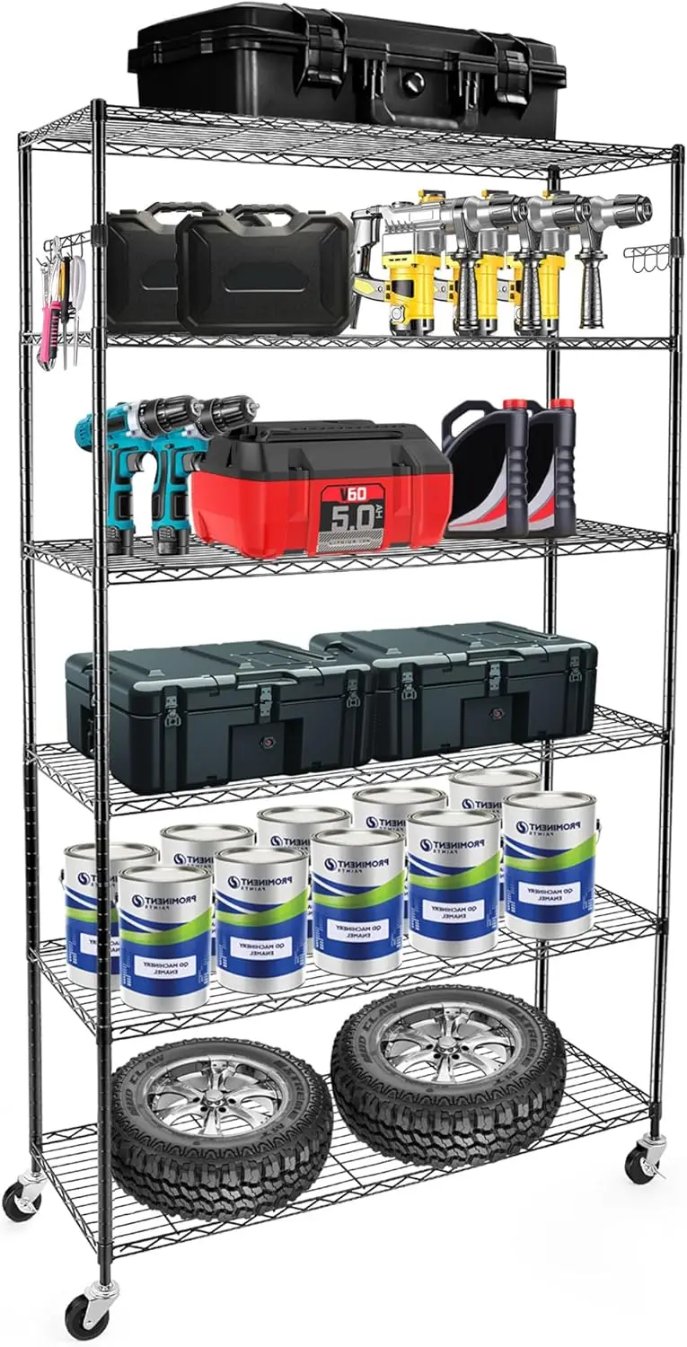 

Wire Shelving,2450Lbs Capacity 6 Tier Heavy Duty NSF Wire Shelf with Rolling Wheels Black Metal Storage Shelves Adjustable