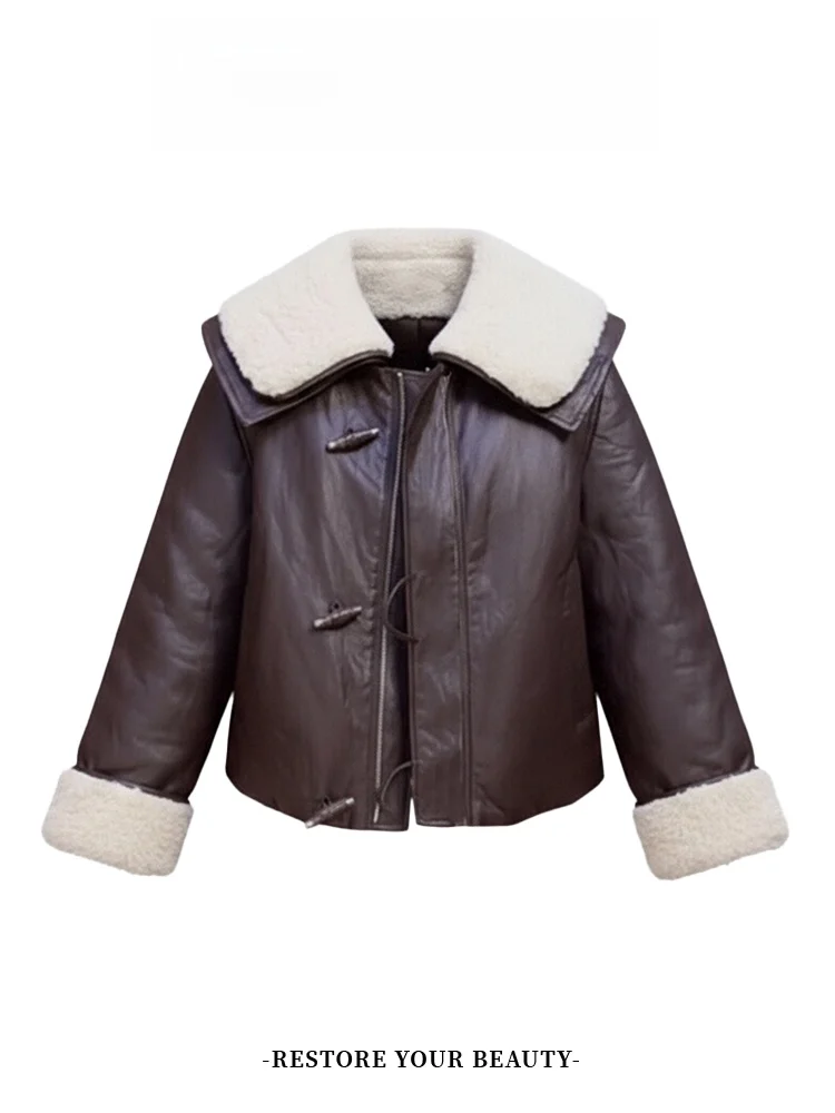 

Винтажная кожаная куртка с флисовой подкладкой для женщин: свободный крой, универсальная, зимняя, повседневная, стильная, модная верхняя одежда