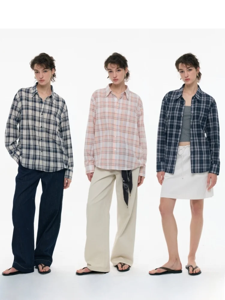 

Lightweight Loose Fit Plaid irt in Poer Blue Casual Sle Long Sve Cotton Women's irt Thin Material Autumn Season