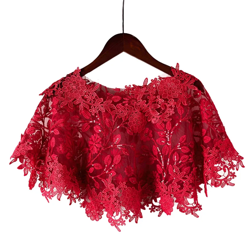 新しいエレガントな女性のレースのスパンコールショールケープブライダルワインレッドラップボレロアクセサリーコートルーズマントチョッキ結婚式トップス 2451