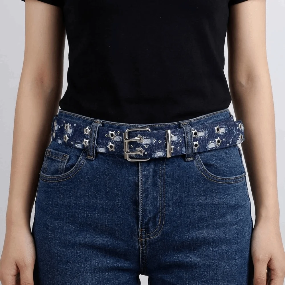 Cloth Denim Waist Belts Metal Buckle Double Grommet Hole Star Hole Sequin Belt Korean Style Waistband Trouser Decor Decoration