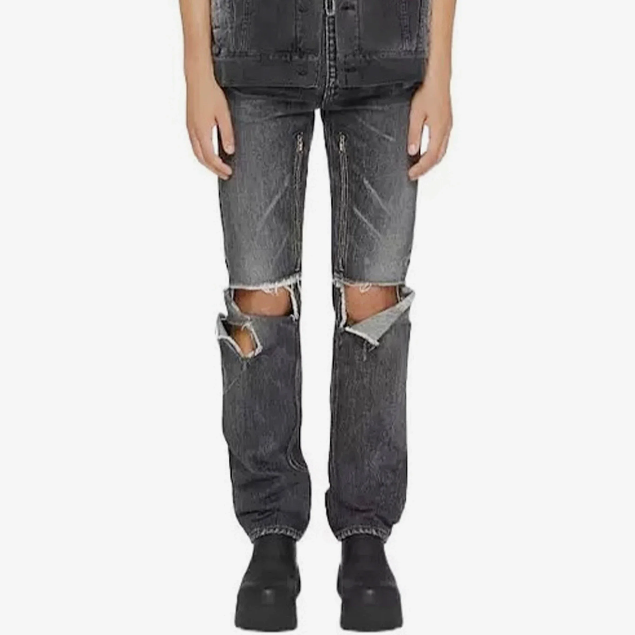 NIGO Men's Four Seasons Vintage Washed Black Holes Frayed Jeans Fashion High Street Gradient Casual Pants Ngvp #nigo9122