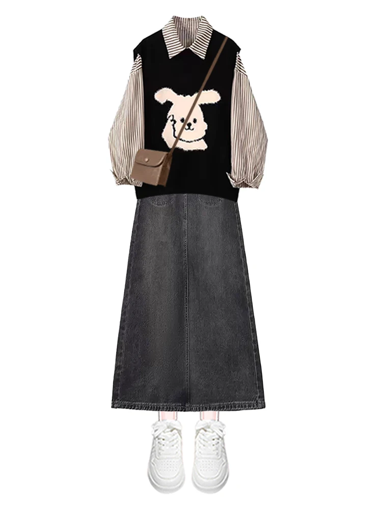 Autumn Winter Women's Stripe Long Sve irt And Knitted Vest High Waist Slimming Denim Skirt Two Piece Set Faionable Cas...