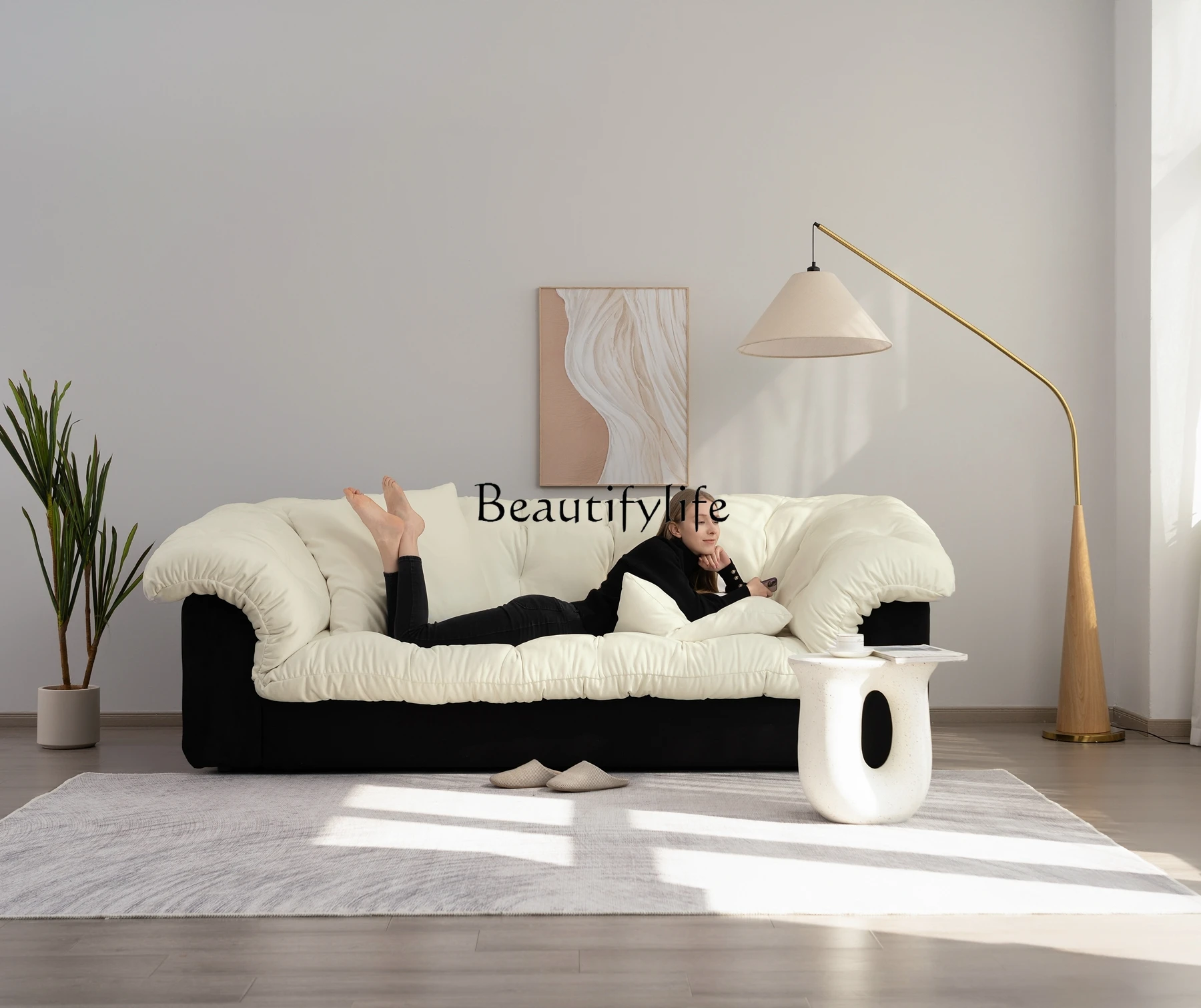 

Cat Scratch Leather Light French Cream Modern Style Living Room Balcony Sofa Simple Flower Shape Sofa