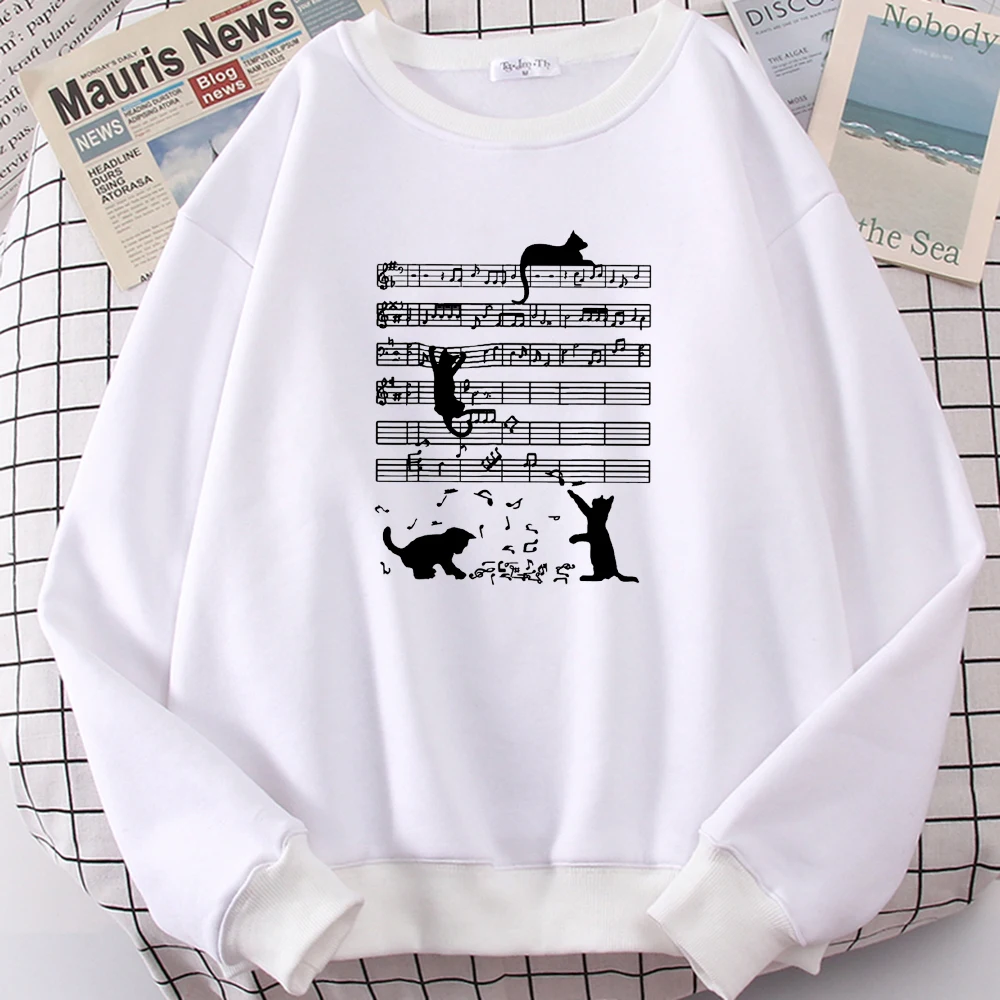 Cat Crawling On Sheet Music Funny Mens Clothing Fleece Loose  Hoody  Autumn Oversize Hoodies Crewneck Pullover Male Sweatshirt