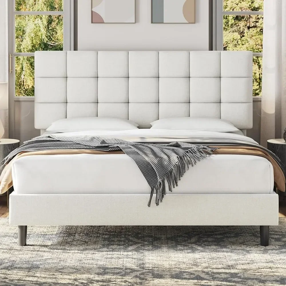 

Bed Frame,Supported By Wooden Slats,No Need for A Box Spring,Square Tufted Fabric Headboard Height-adjustable Platform Bed Frame